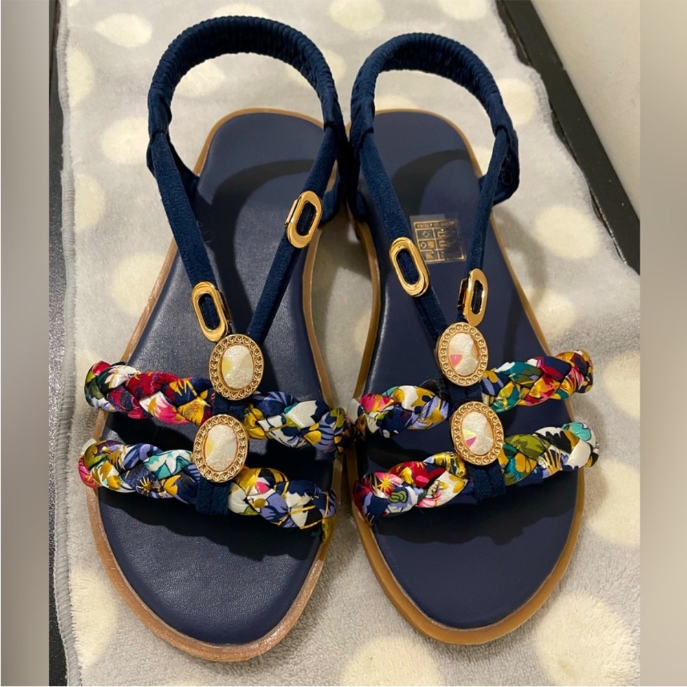 Women’s Navy Braided Floral Strap Sandals with Gold Accents